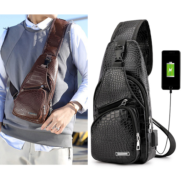 

Men Resistant Anti Theft Crocodile Pattern Chest Bag Travel Daypack with USB Charging Port