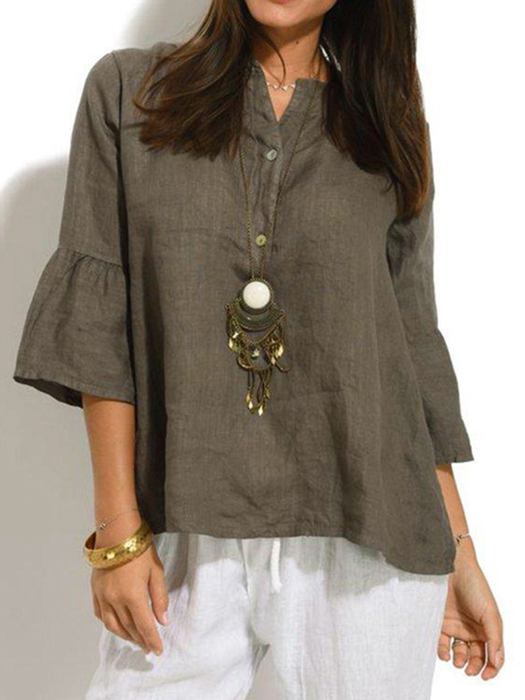 

Women Pure Color Flare Sleeve V-Neck Button Down Blouse