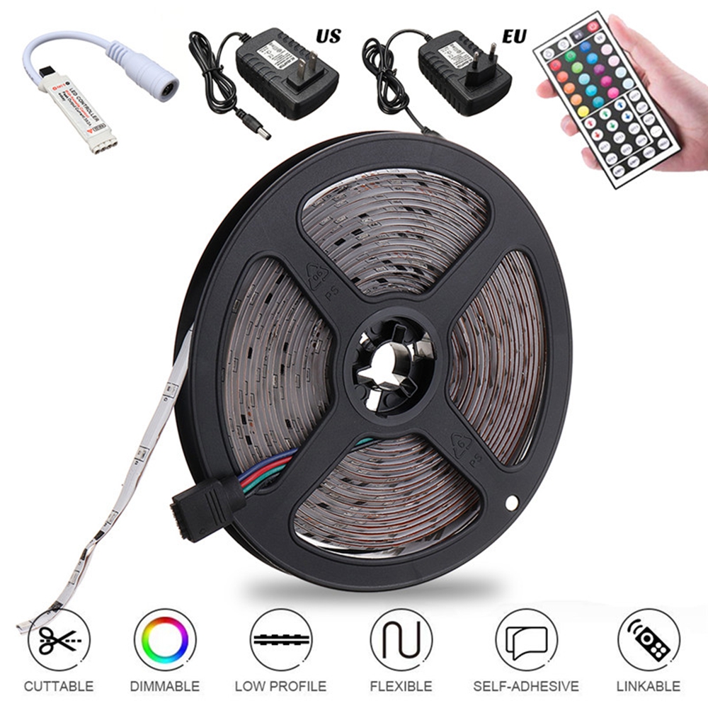Find 5M 3528 Waterproof RGB Flexible LED Strip Light IR Controller 44Keys Remote Control EU US Plug for Sale on Gipsybee.com with cryptocurrencies