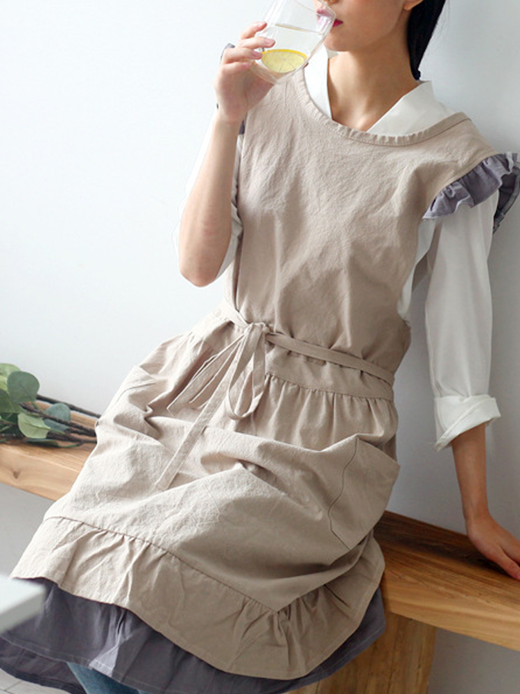 

Japanese Sleeveless Ruffle Solid Vintage Apron Dress