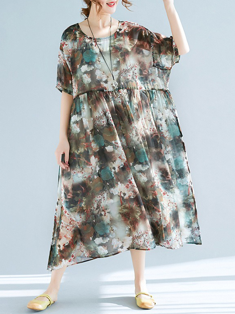 

Plus Size Floral Print Batwing Sleeve Chiffon Dress