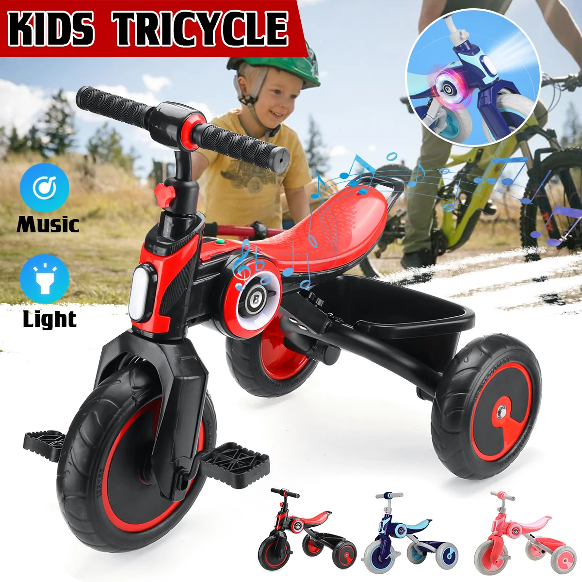 Kids Tricycle Portable Baby Stroller 3 Wheel Bicycle Children Bike with Music Speaker