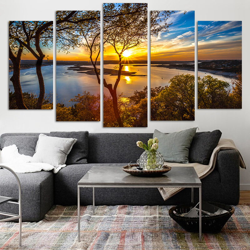 

5 Panel Canvas Painting Sunset Lake Tree Seascape Landscape Poster Printing Wall Art Decor Picture
