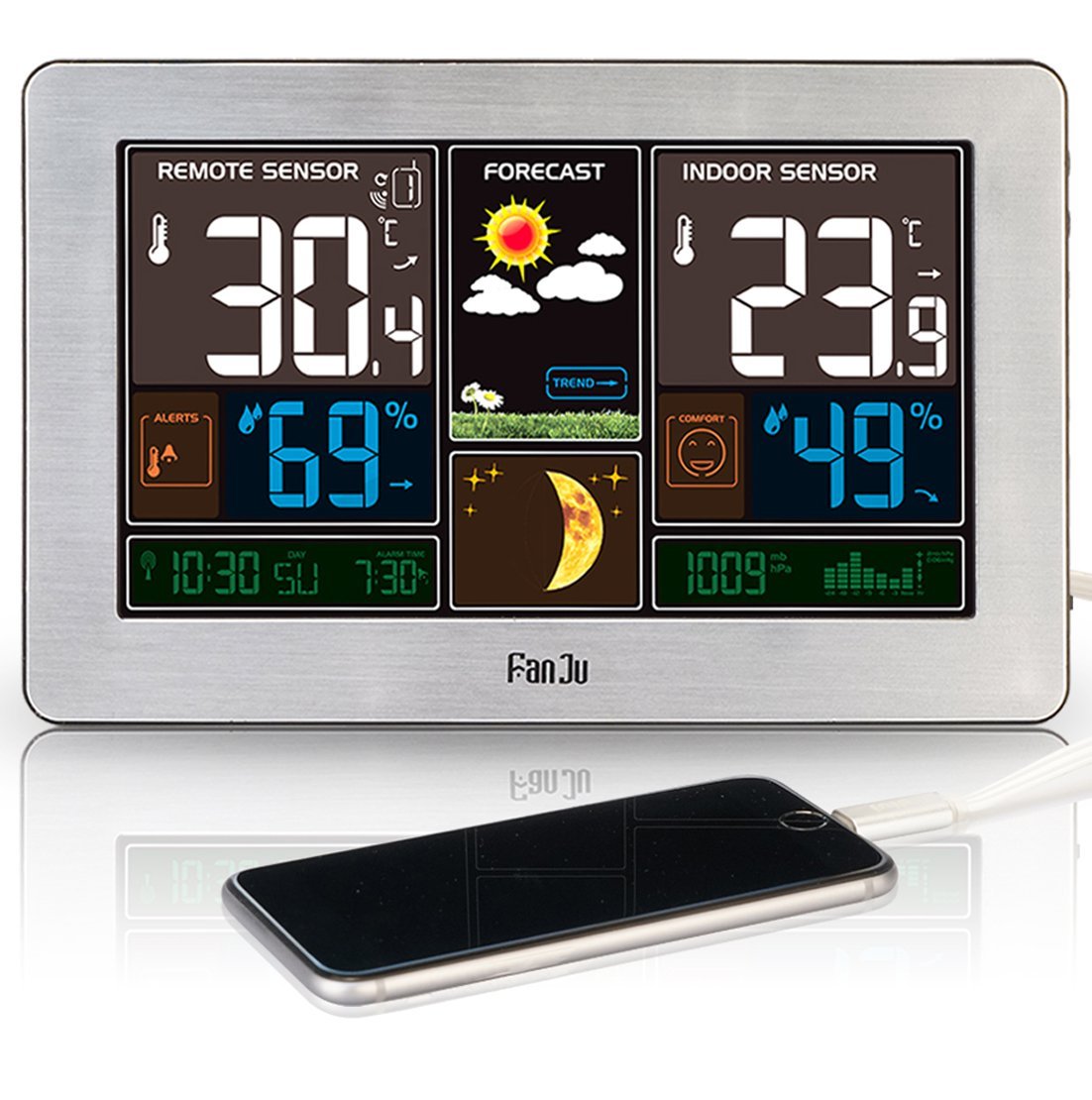 

Digital Alarm Clock Weather Station Wall Indoor Outdoor Temperature Humidity Watch Moon Phase Forecast USB Charger