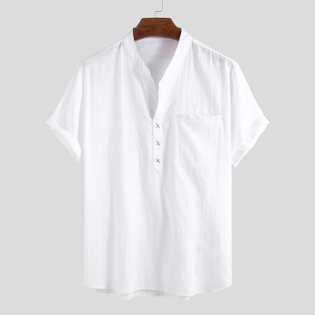 

Men 100% Cotton Stand Collar Fresh Casual Plain Loose Short Sleeve Henley Shirts