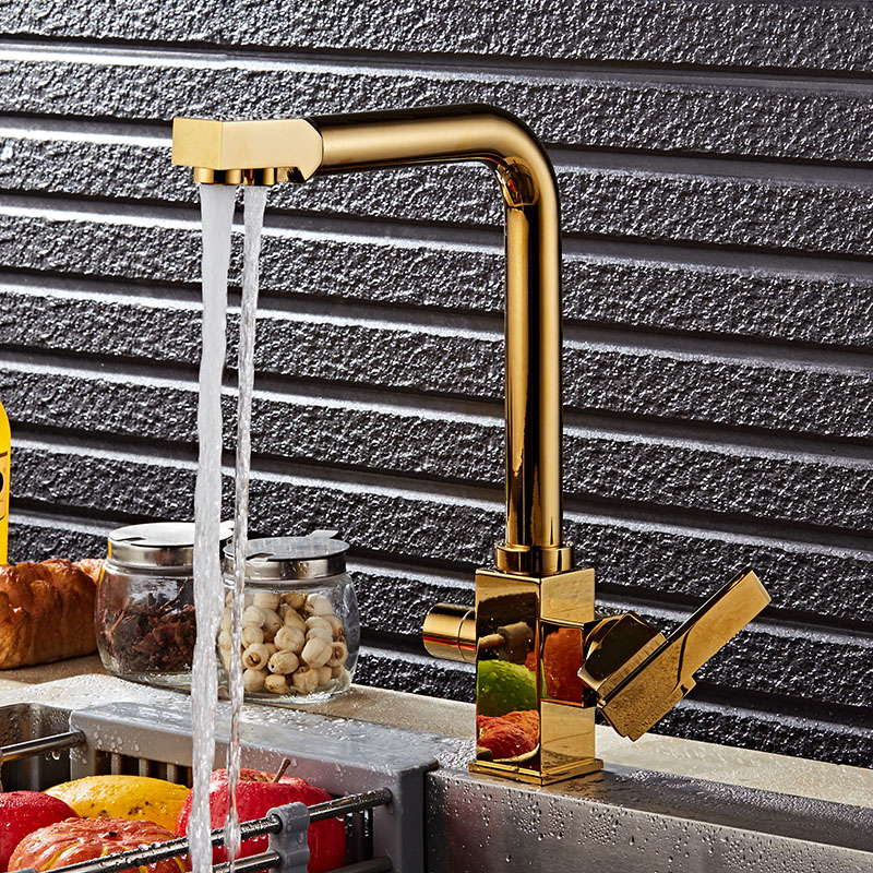 

KCASA KC-9050 Brass Swivel Drinking Hot & Cold Water Faucet 3 Way Water Filter Purifier Golden Kitchen Faucets Sinks Tap