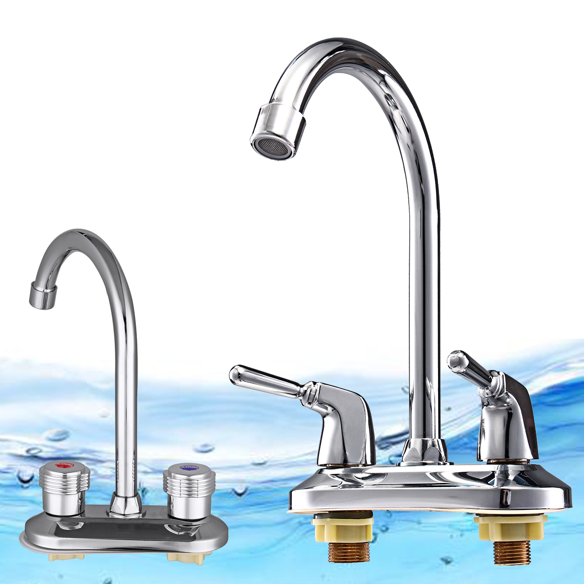 

Kitchen Water Tap Dual Handle Faucet 360° Double Spout Sink Basin Mixer Bathroom