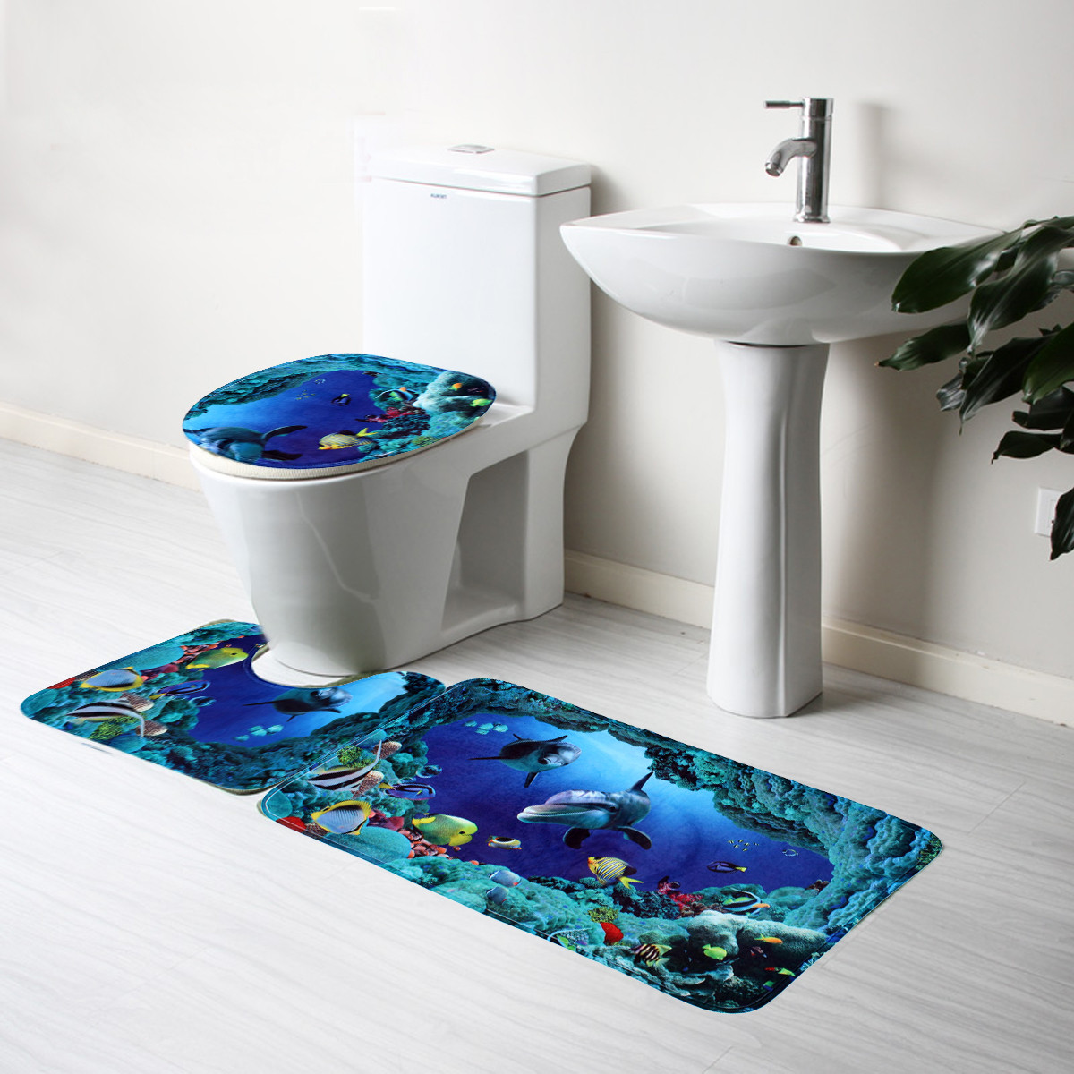 3pcs Blue Ocean Bath Rugs Set Velvet Fabric Pedestal Mat Toilet Set Cover Carpet