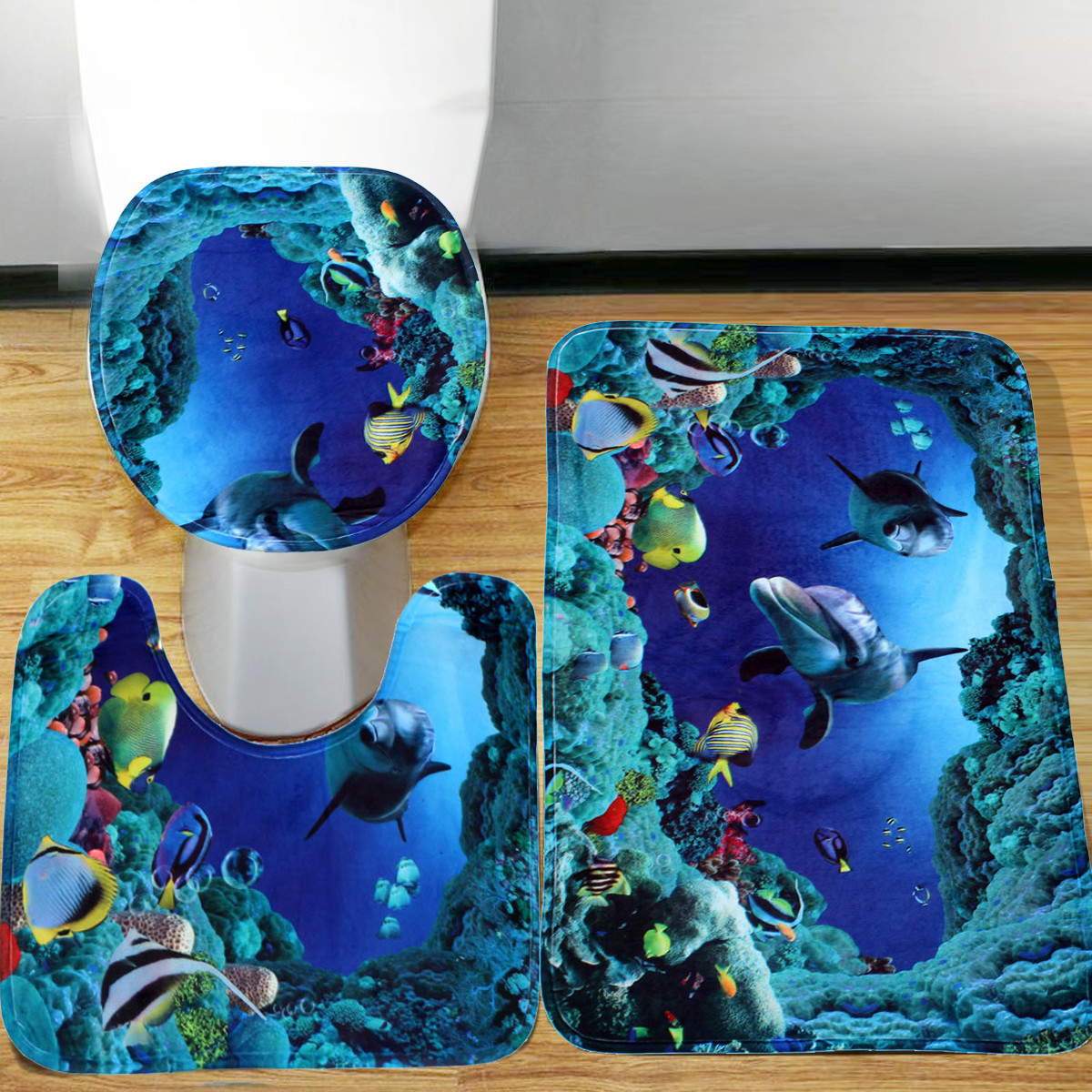 3pcs Blue Ocean Bath Rugs Set Velvet Fabric Pedestal Mat Toilet Set Cover Carpet