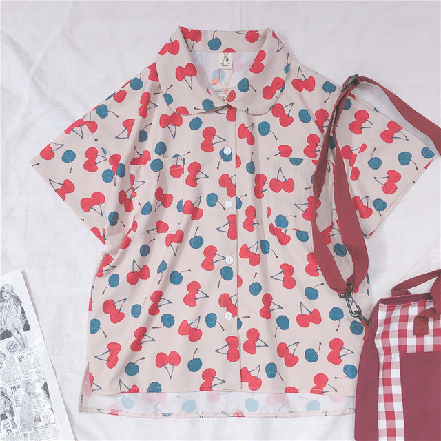 

Season New Japanese College Wind Sweet Cherry Print Wild Short-sleeved Chiffon Shirt Women's Bottoming Shirt