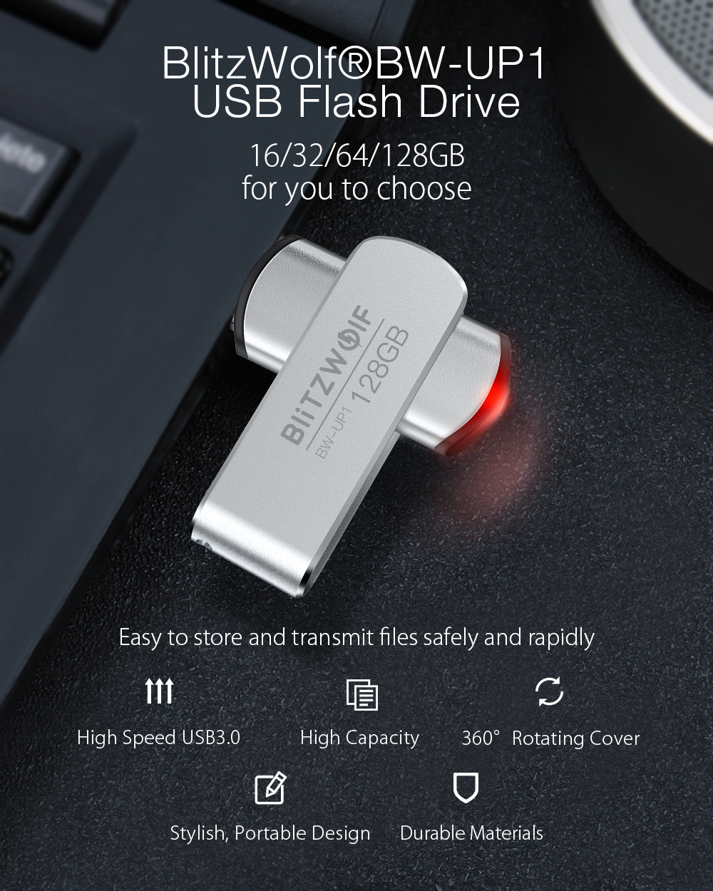 BlitzWolf BW-UP1 Aluminium Alloy 360Â° Rotating Cover USB 3.0 Flash Drive