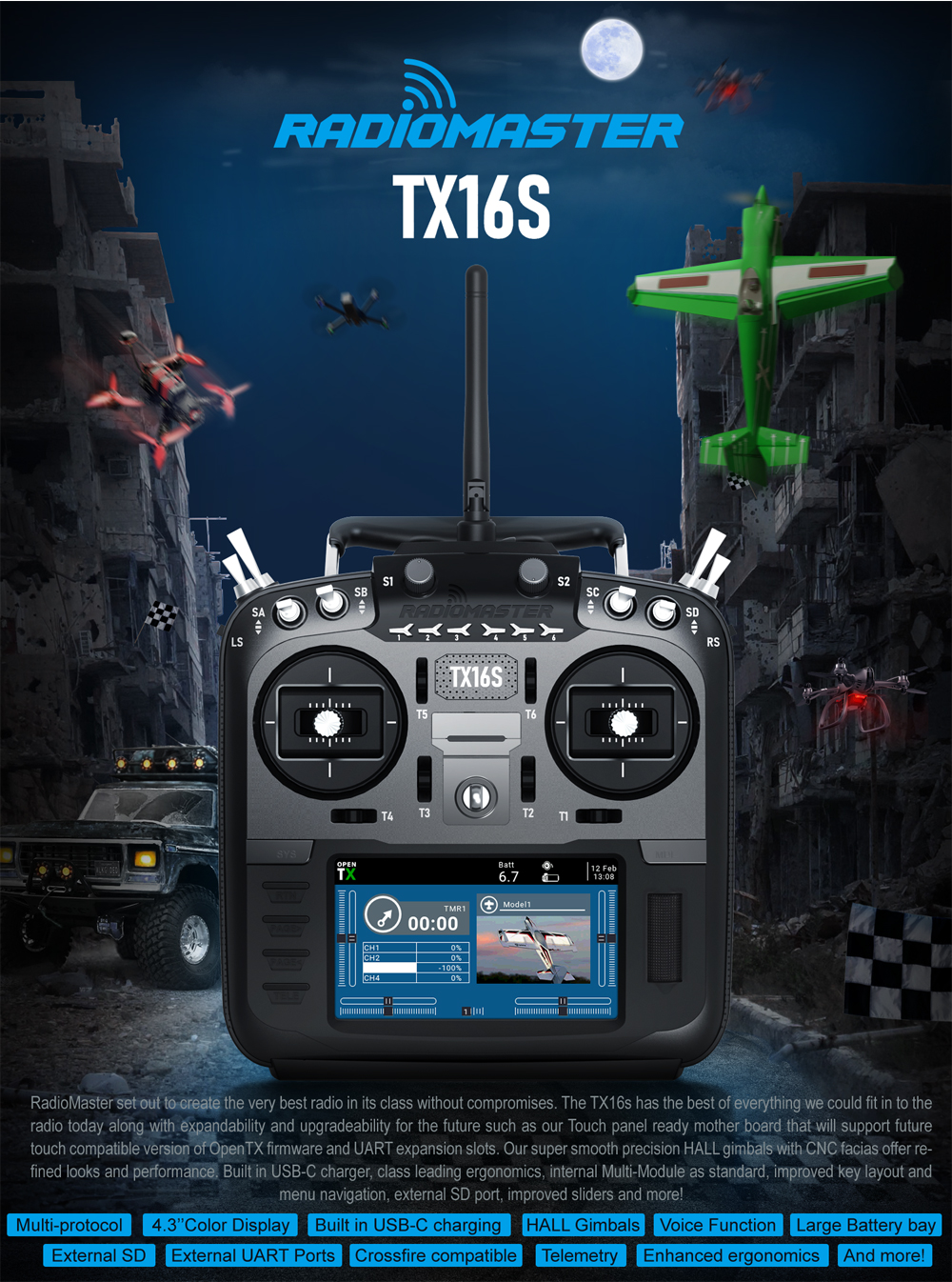 RadioMaster TX16S Hall Sensor Gimbals 2.4G 16CH Multi-protocol RF System OpenTX Mode2 Transmitter for RC Drone 14