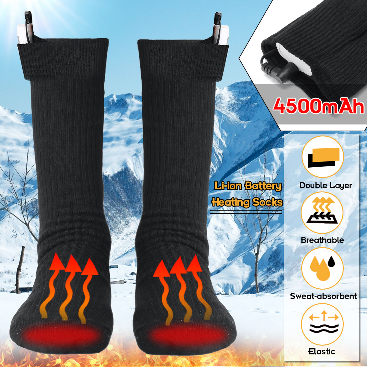 

3.7V 4500MAH Double-Layer Electric Heated Heating Socks Heated Instep Toe Socks Rechargable Battery Foot Warmer Boot Stockings