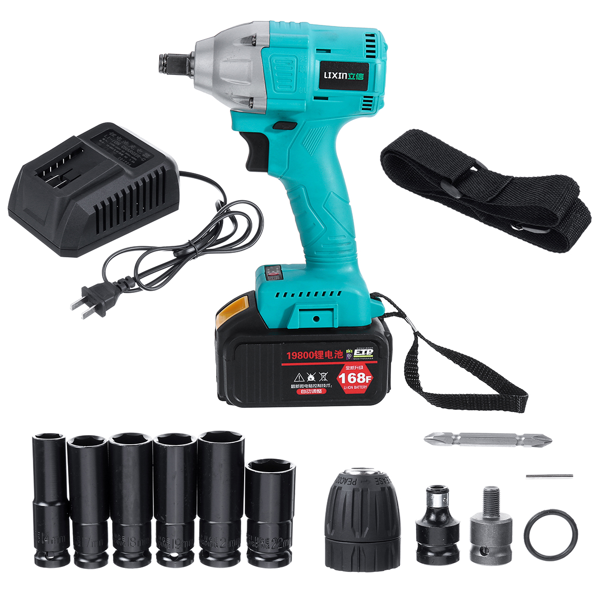 

168F 19800mAh 110V-240V Electric Brushless Impact Wrench LED Lights with Battery Blue