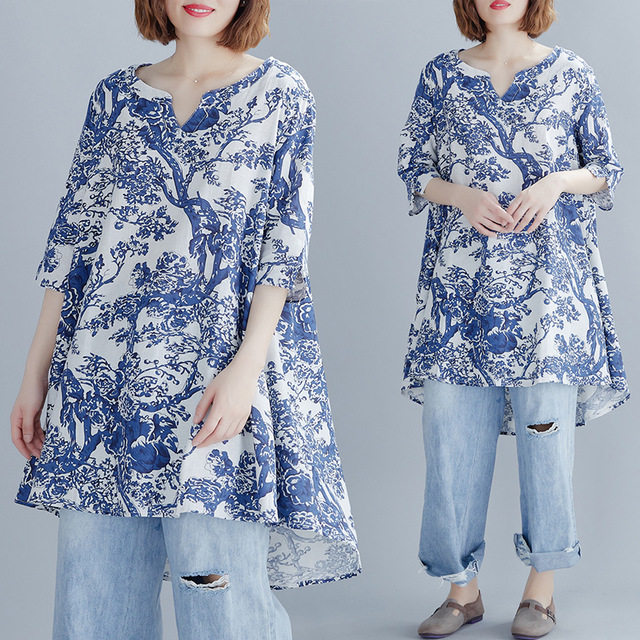 

Китайский Стиль Синий И Белый Фарфор Печать Длинные Рубашка Новый Большой Размер женщин Нерегулярные Половина Рукава Дна Рубашка