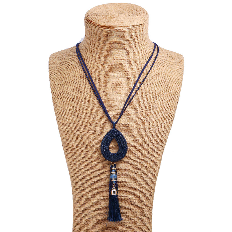 

Retro Oval Rhinestone Pendant Long Necklace Velvet Tassels Charm Necklace Ethnic Jewelry for Women