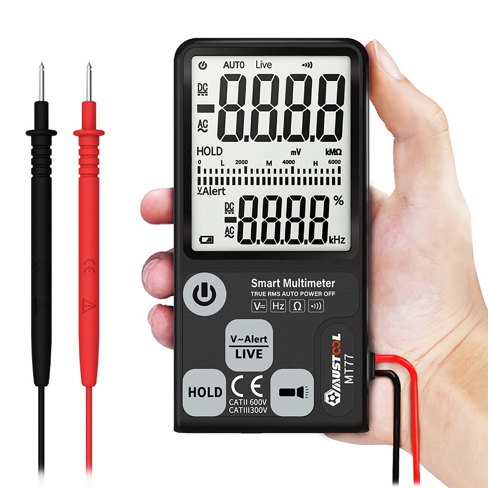 

MUSTOOL MT77 Large Screen Smart Digital Multimeter Voltage Tester 3-Line Display Fully Auto-Range True RMS 6000 Counts DMM with Analog Bargraph