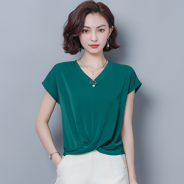 

Season New Short-sleeved V-neck Foreign-style Small Shirt Cross Hem Knotted Short Top