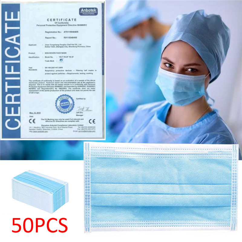 50PCS Disposable Face Mask Set 3-Layer Mask Anti Pollution PM2.5 Dust Ear Loop Mouth Mask W/ Box