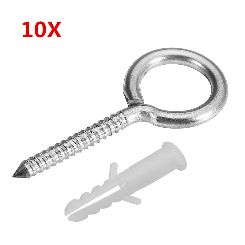 

10Pcs M4 52mm 304 Stainless Steel Self Tapping Screw Eye Bolt Ring Hook with Expansion Pipe