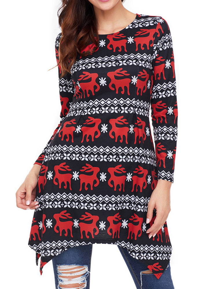 

Christmas Deer Elk Printed Long Sleeve Irregular Mini Dress