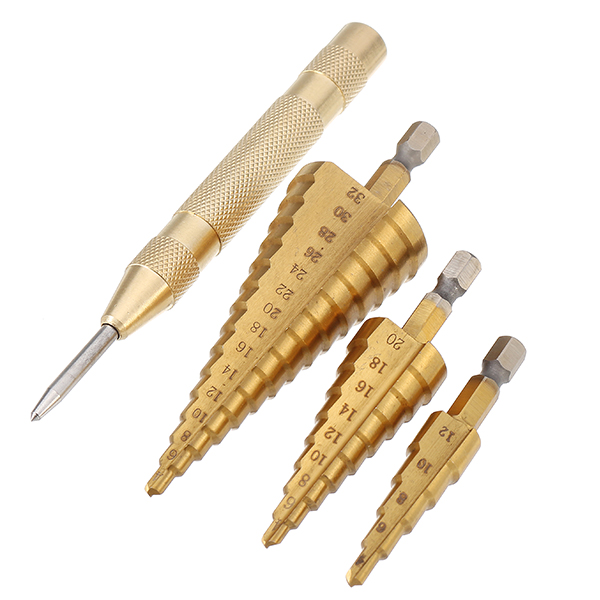 

3Pcs HSS Titanium coated Step Drill Bits 4-12/4-20/4-32mm with 4mm Automatic Center Pin Punch