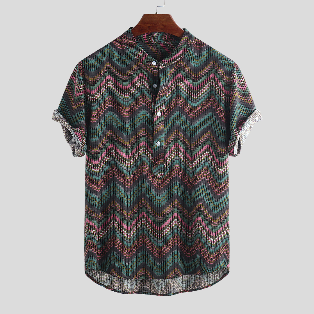 

Mens Weave Striped Printed Chevron Stand Collar Short Sleeve Loose Henley Shirts