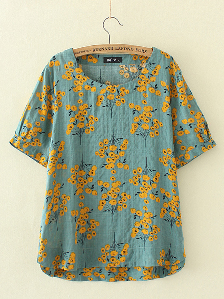 

Винтаж Женское O-образным вырезом с короткими рукавами цветочные блузки