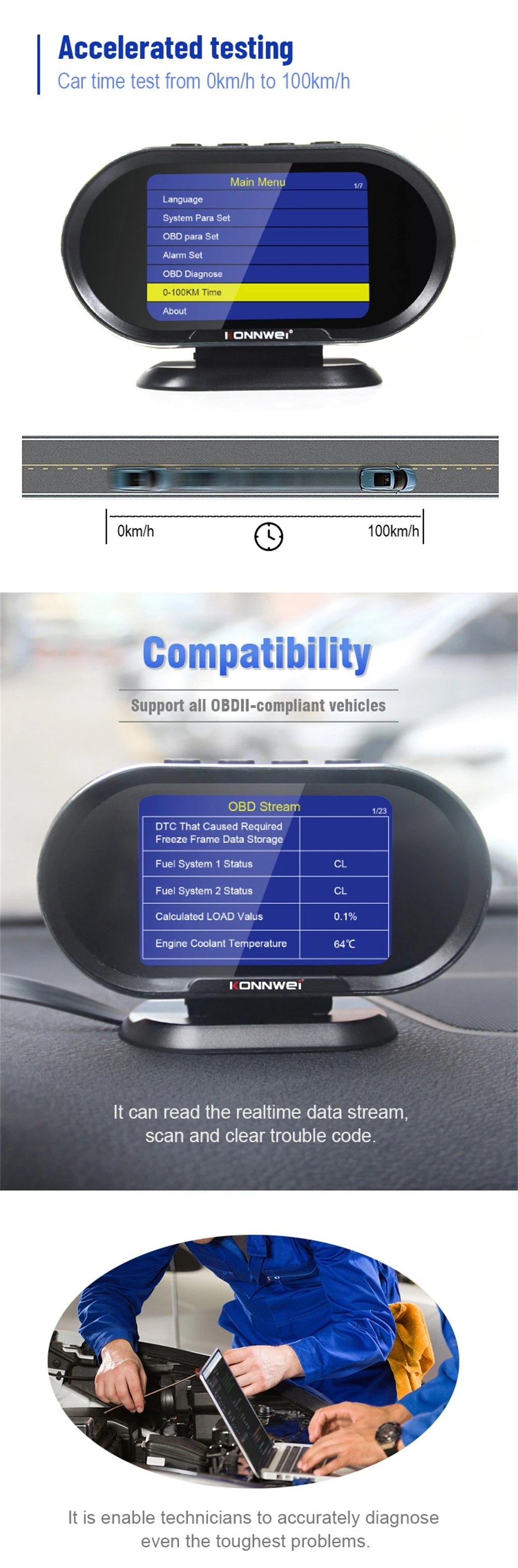 KW206 HUD OBD2 Car Diagnostic Scanner On-Board Computer Gauge DTC Engine Code Reader