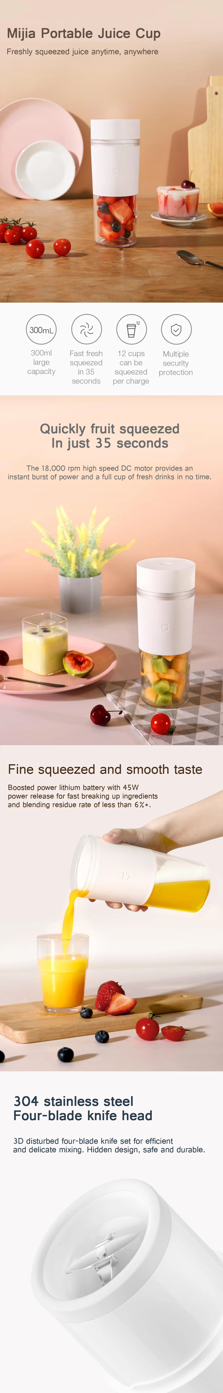 2021 Xiaomi MIJIA Portable Juicer Cup 300ML Mini Juice Blender Fruit Food Processor Electric Kitchen Mixer Quick Juicing