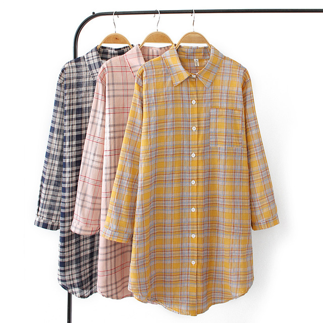 

Large Size Women's Casual Plaid Long-sleeved Student Shirt Season Loose Wild Long-sleeved Sun Protection Clothing 2c6097