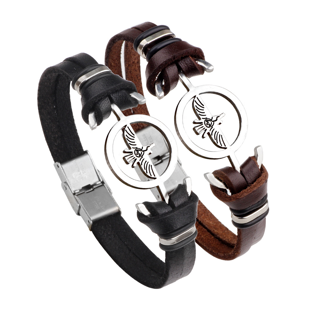 

Fashion Stainless Steel Eagle Charm Genuine Leather Bracelet Men Jewelry