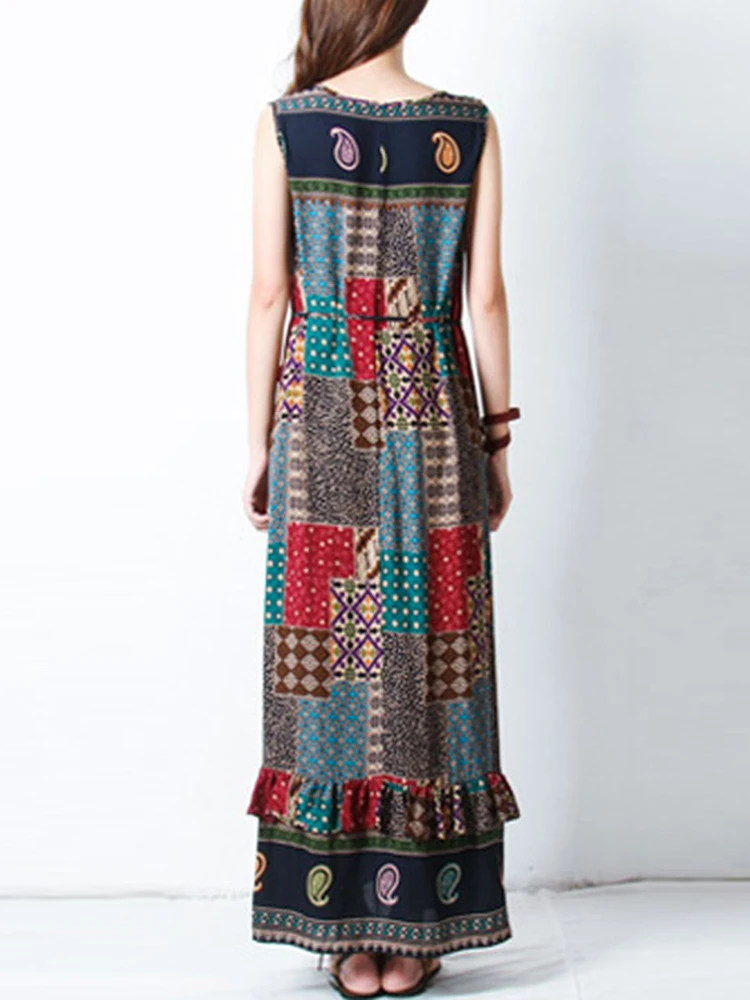 Bohemian Women Sleeveless O-Neck Printed Maxi Tank Dress