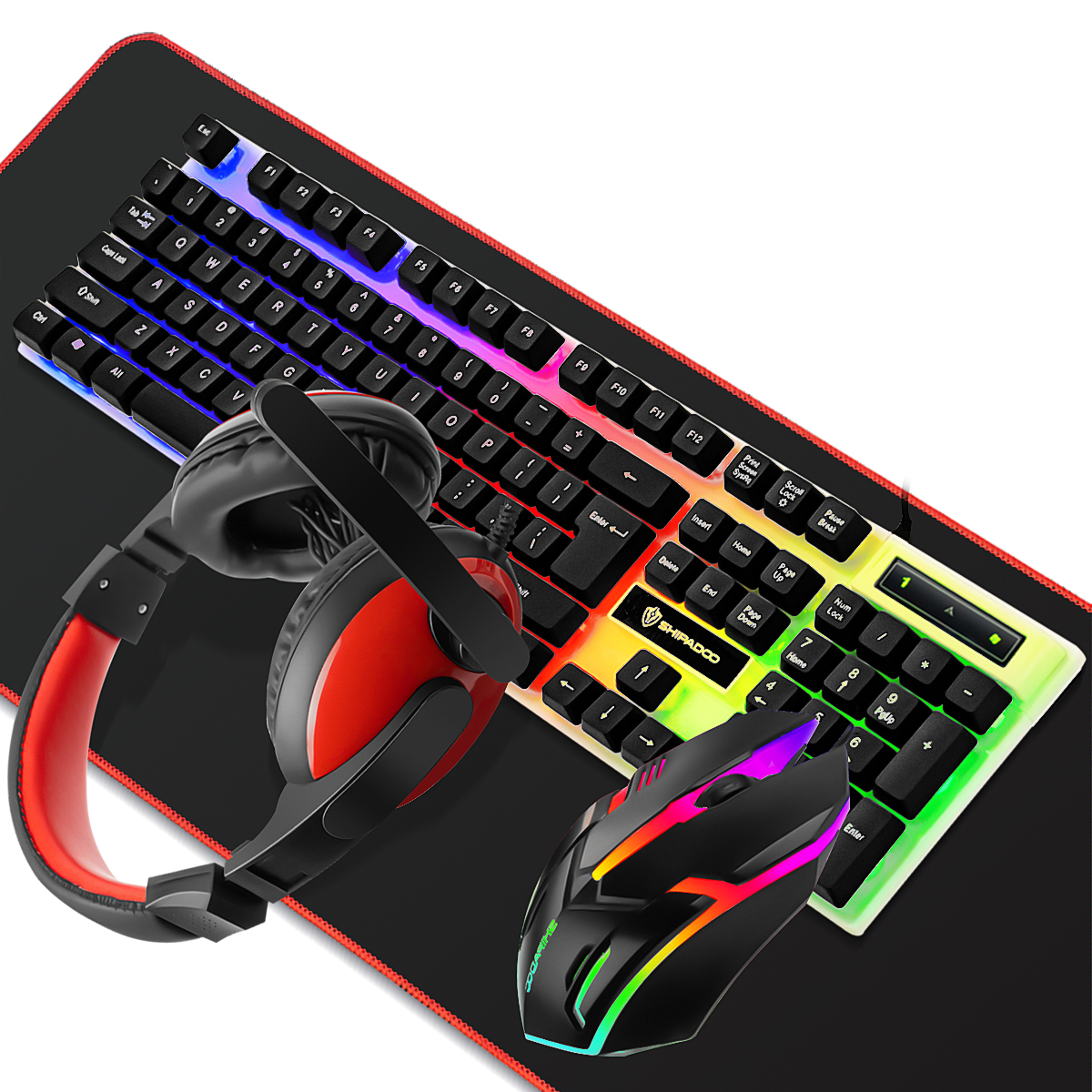 Find SHPADOO 4 in 1 Keyboard Mouse Headset Mousepad Combo 104-Keys Suspended Translucent Keycaps Colorful Glow Backlight Mouse Noise Cancelling Headset with Anti-slip Extra Large Mouse Pad for PC Computer Gamer for Sale on Gipsybee.com with cryptocurrencies