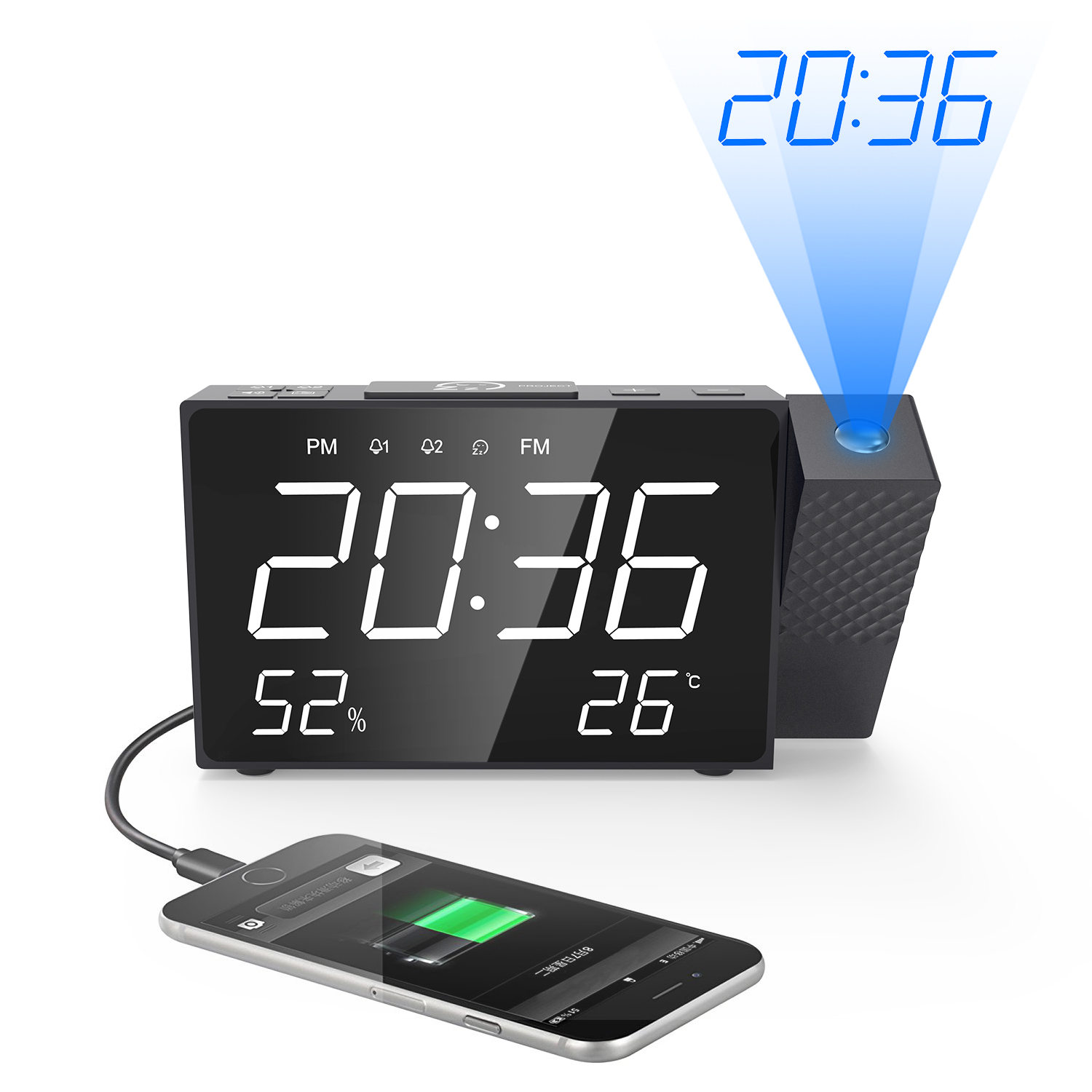 

Projection Alarm Clock Digital FM Radio Dual Alarm Volume Snooze Time Humidity Temperature DisPlay