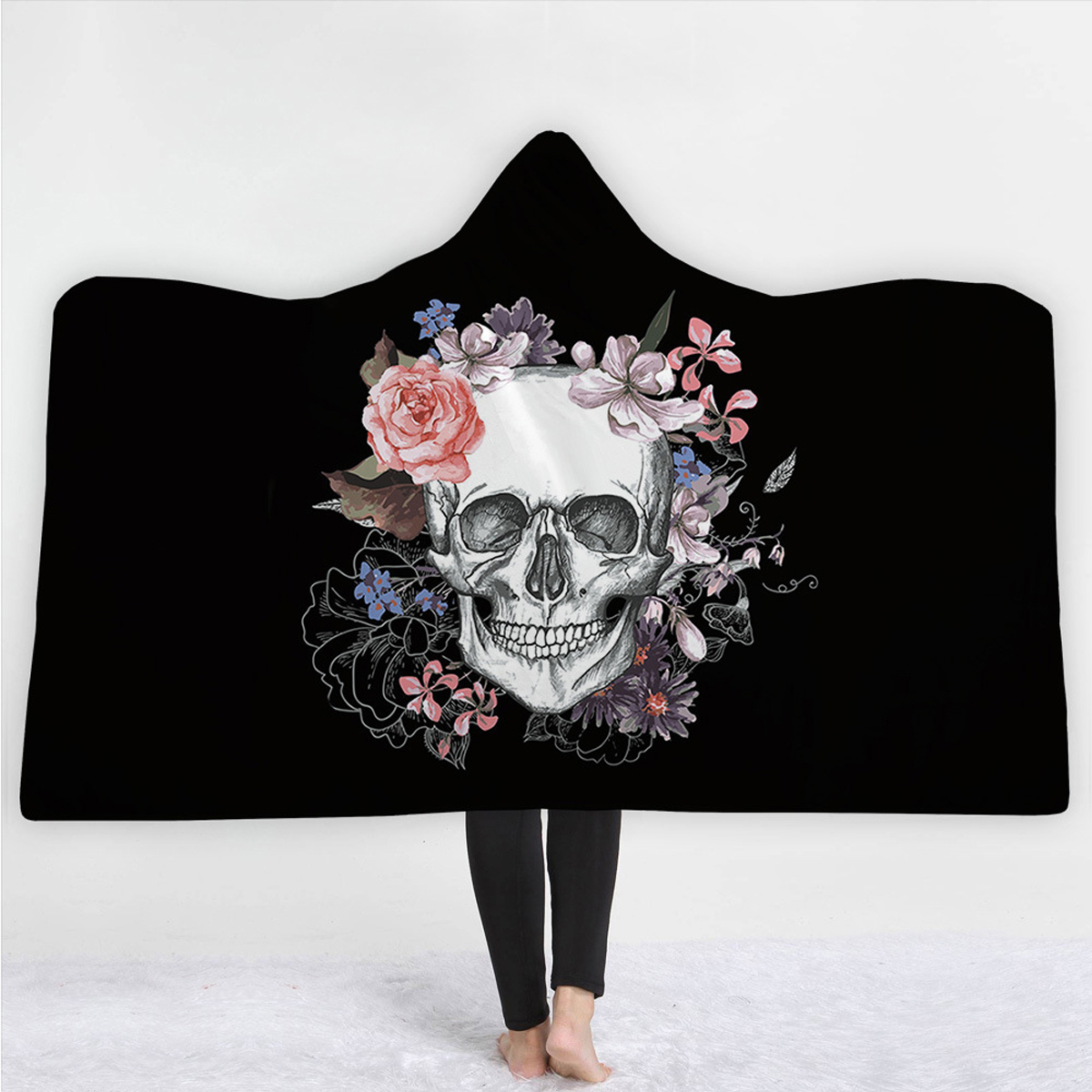 

Halloween Wearable Hooded Blanket Thickened Double Plush Digital Printing Skeleton Pattern Blankets