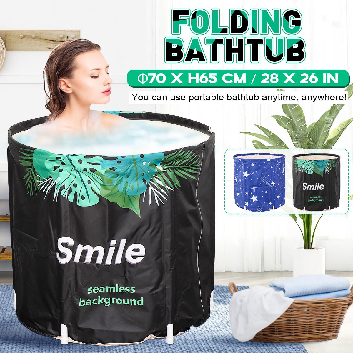 65x70cm Portable Bathtub Water Tub Folding PVC Adult Spa Bath Bucket Indoor Home Bathtub 32