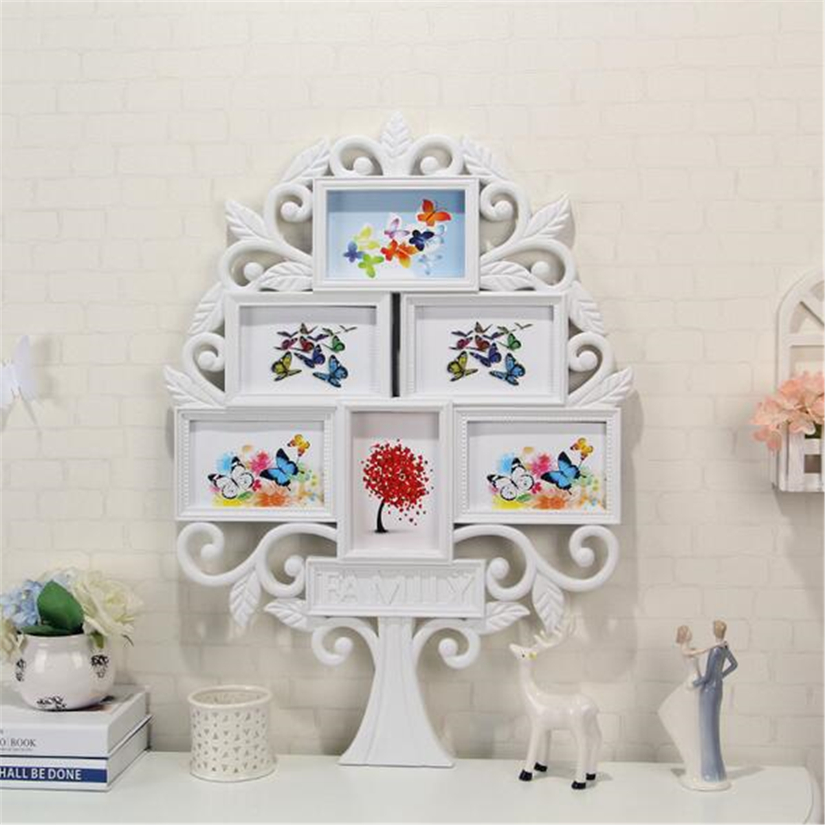 

67*47cm White Family Tree Shaped Photo Frame Wall Mount Collage 6 Pictures Decor