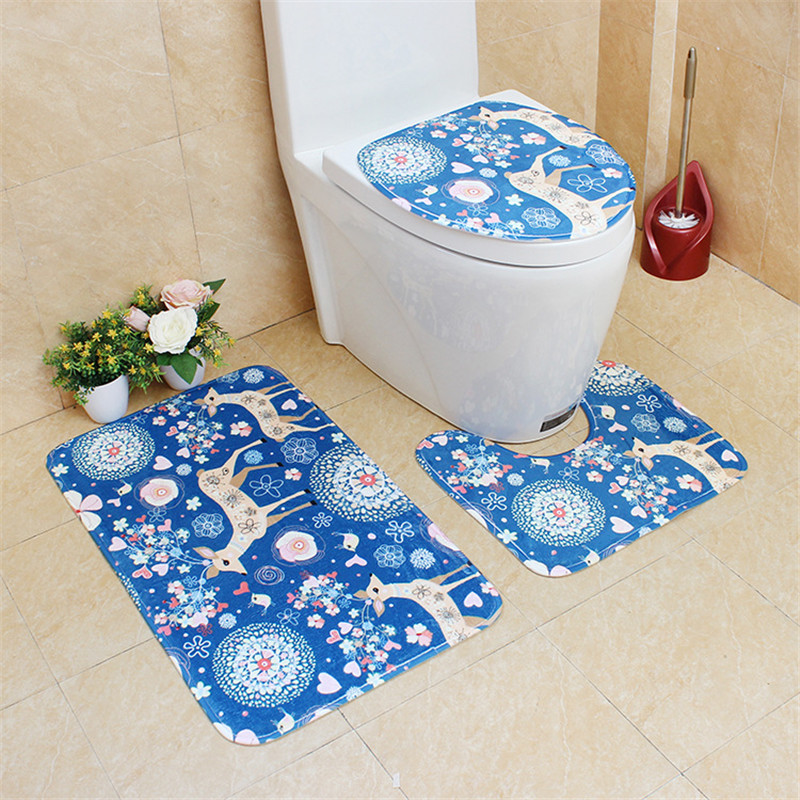 

3Pcs Bathroom Cartoon Flannel Toilet Pad Digital Printed PVC Latex Net Bottom Anti-slip Mat Set