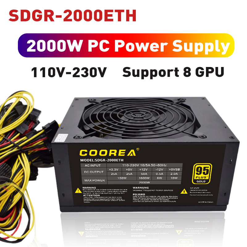 Find 2000W PC Power Supply 110V-230V 95 PLUS Gold ATX Miner Bitcoin Power Supply Support 8 GPU Graphics Cards 4+4Pin CPU 24Pin SATA for Sale on Gipsybee.com with cryptocurrencies