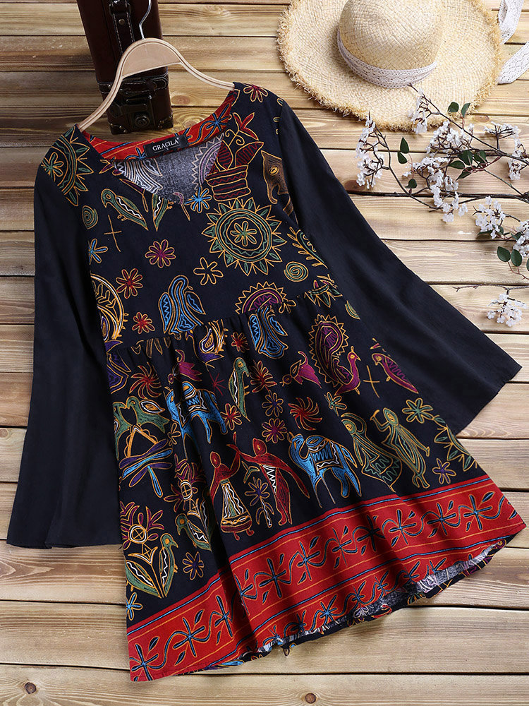 

Ethnic Women Vintage Folk Style Print Long Sleeve Blouse
