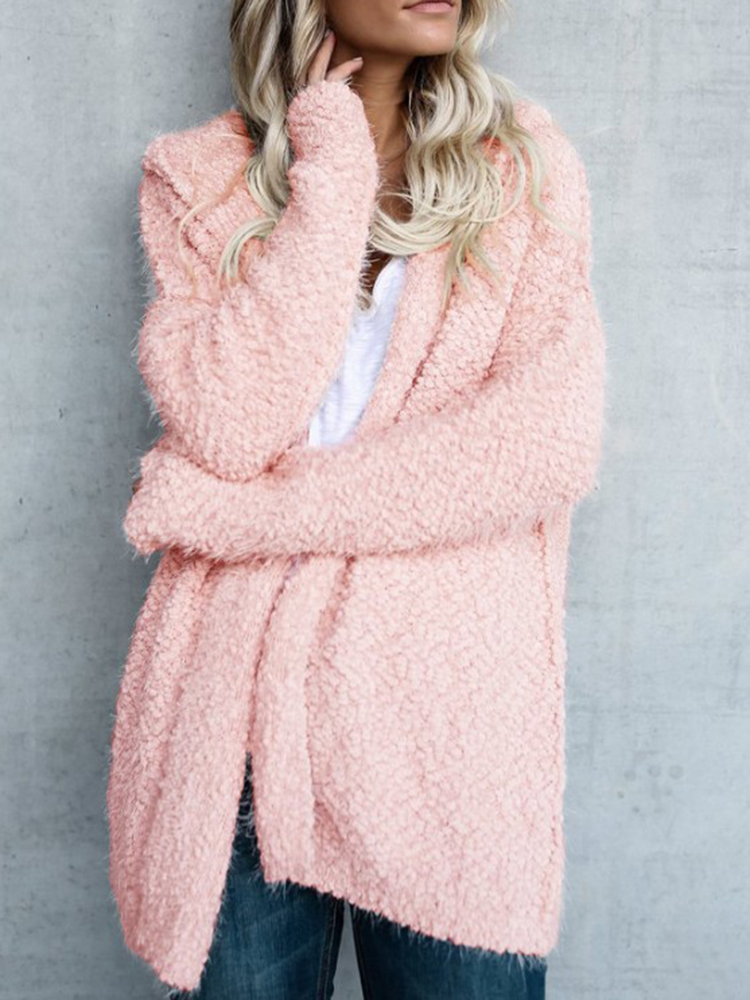 

Women Fuzzy Solid Color Hooded Outwear Coats