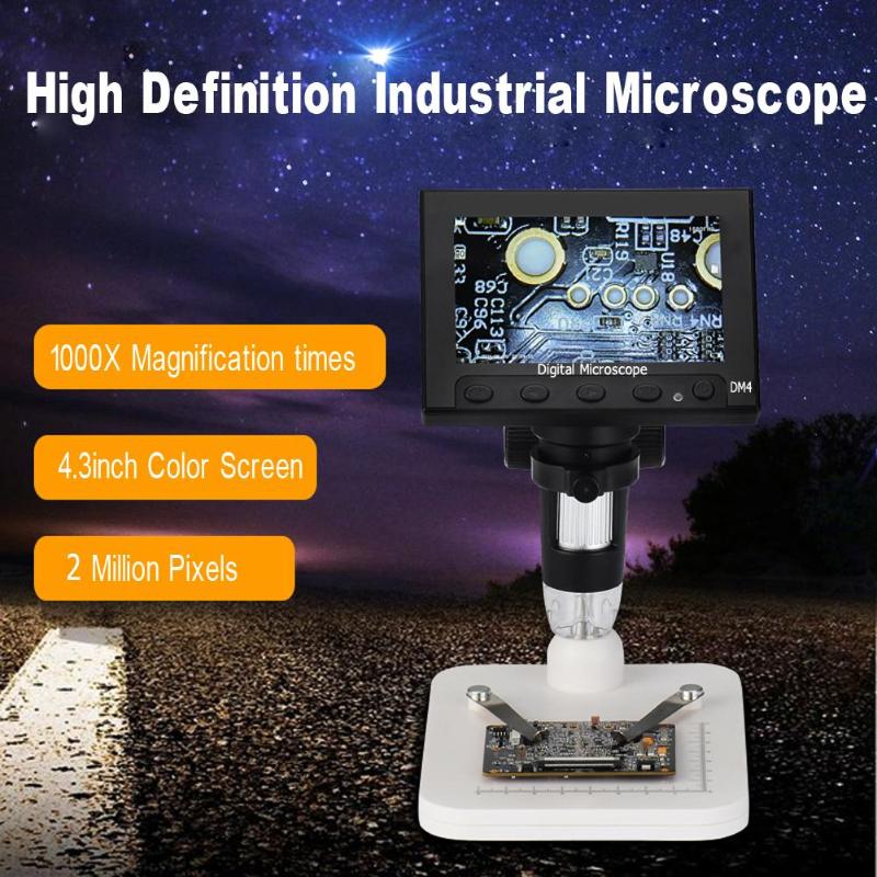 DM4 1000x 2.0MP USB Digital Electronic Microscope 4.3LCD Display VGA Microscope with 8LED and Stent 