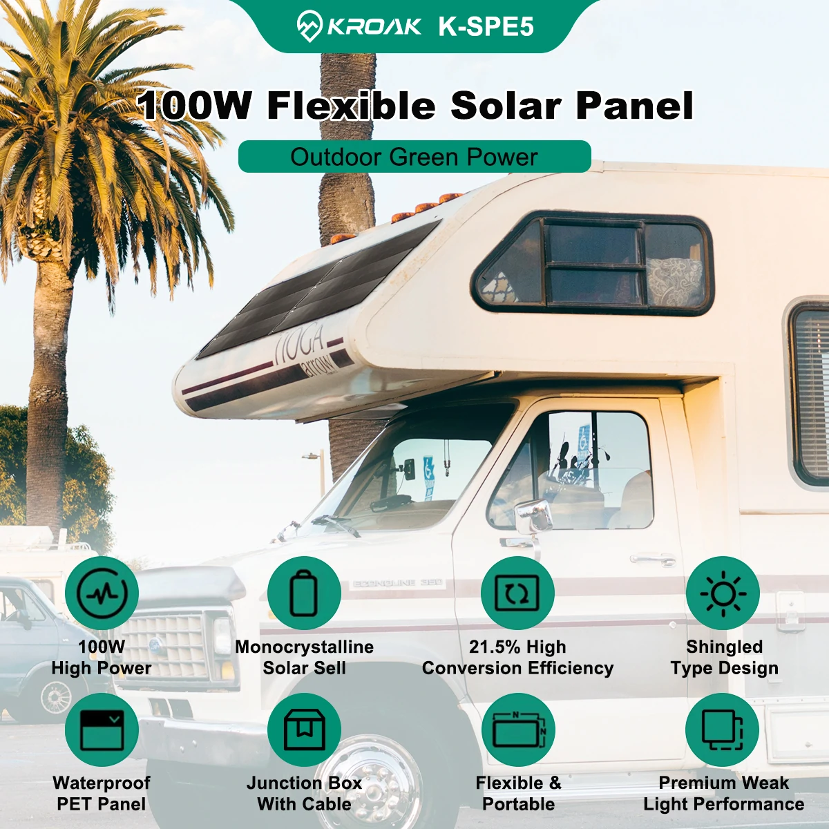 KROAK K-SPE05 100W 18.15V Shingled Solar Panel Semi-Flexible Outdoor Waterproof Portable PV Superior Monocrystalline Solar Power Cell Battery Charger for Car RV Electric Vehicles Yachts