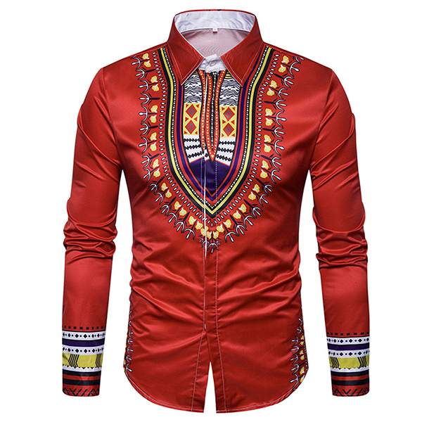 

Mens Contrast Color Enthic Style Printing Тонкий Fit Shirts