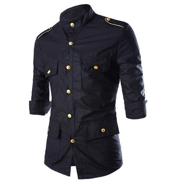 

Военный униформа офицера стиль моды Тонкий три четверти рукав золотистой эполеты кнопки мужчины рубашки