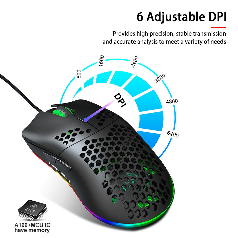 HXSJ J900 Wired Gaming Mouse Honeycomb Hollow RGB Game Mouse with Six Adjustable DPI Ergonomic Design for Desktop Computer Laptop PC 22