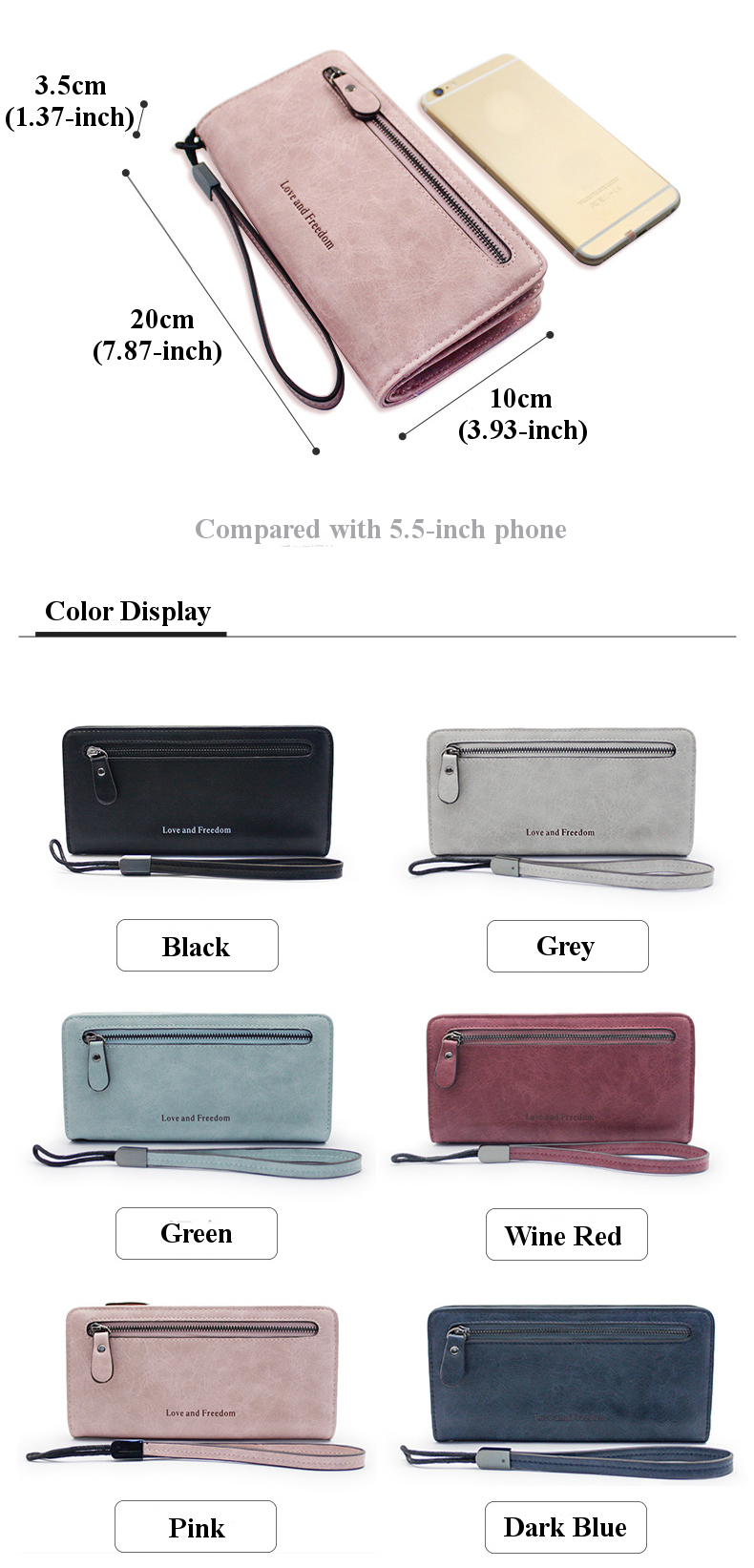 Universal Large Capacity Card Slot Long Purse Clutch Phone Wallet for Phone Under 5.5-inch