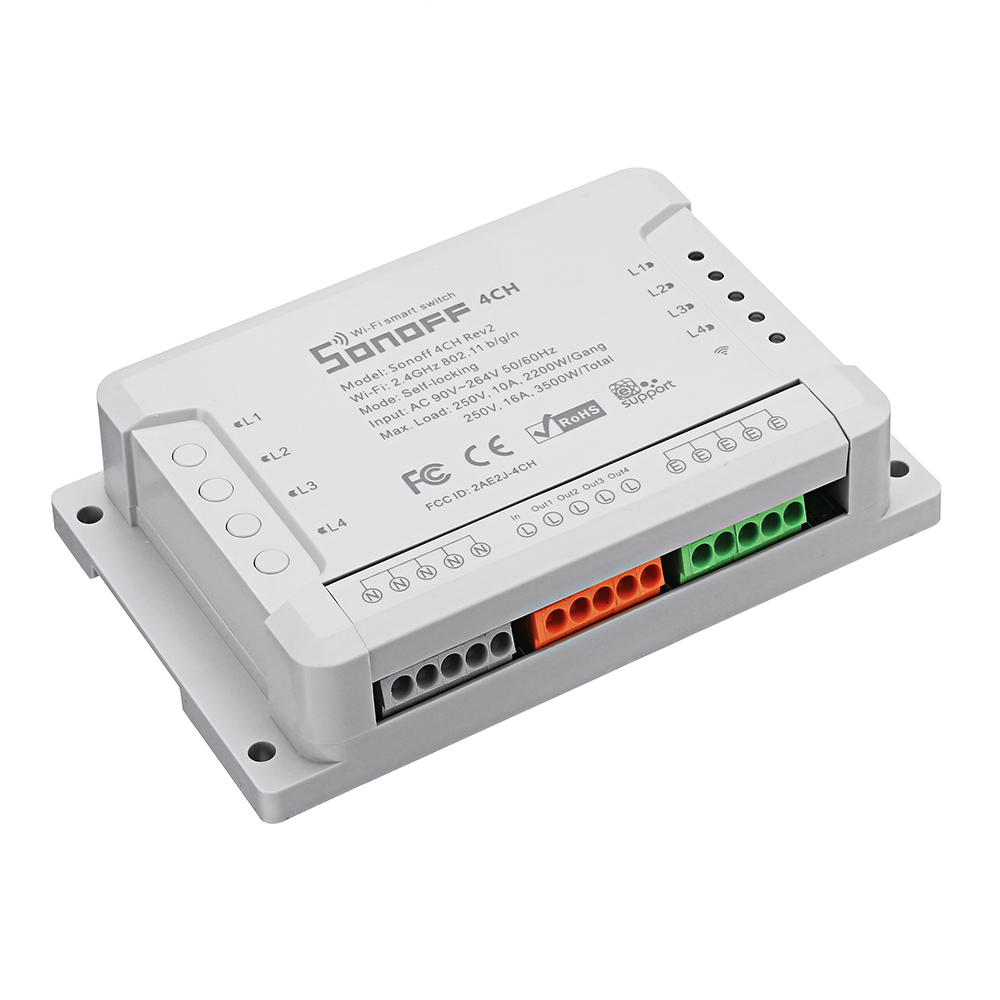 

SONOFF® 4CH R2 4 Channel 10A 2200W 2.4Ghz Smart Home WIFI Wireless Switch APP Remote Control AC 90V-250V 50/60Hz Din Rai