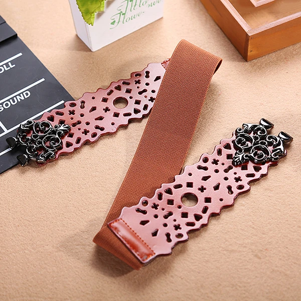 Women First Layer Leather Hollow Belts Elastic Stretchable Metal Button Waistband